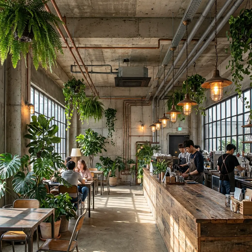 カフェ内装 × インダストリアル&ボタニカル デザイン案 1