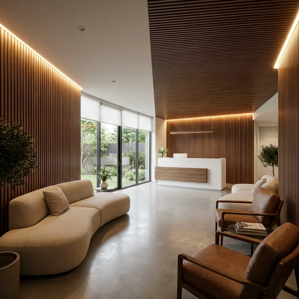 歯科・クリニック待合室 × 温かみのある木目調モダン デザイン案 1