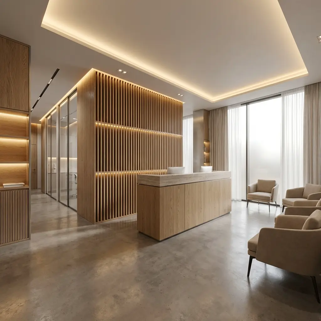 歯科・クリニック待合室 × 温かみのある木目調モダン デザイン案 2